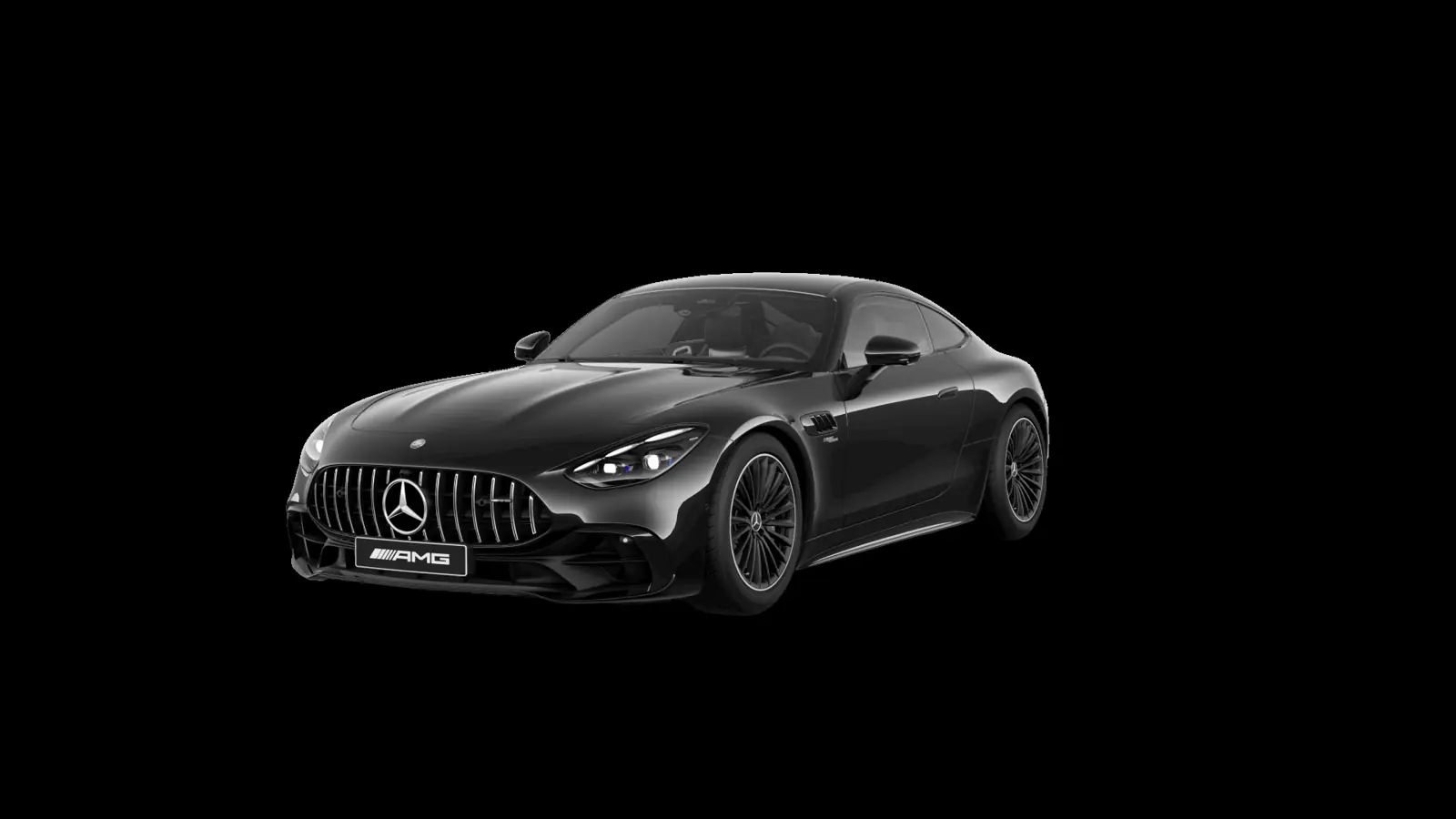 Zwarte Mercedes-AMG GT tegen een zwarte achtergrond
